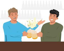 deux Jeune content Hommes réunion en haut après travail et boisson Bière dans le bar. gens mode de vie, amitié, collègues concept vecteur