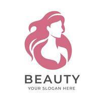 élégant luxe rose Barbie logo avec magnifique visage de Jeune adulte femme avec longue cheveux. sexy symbole silhouette de tête et texte caractères vecteur