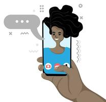 Masculin main en portant téléphone intelligent avec africain américain petite amie sur filtrer. vidéo appel et bavarder concept vecteur