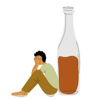 Masculin de l'alcool dépendance. déprimé homme Souffrance de alcoolisme. malheureux homme séance près du vin bouteille vecteur