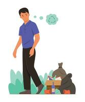 homme à la recherche tas de des ordures sur sentier et en pensant de recycler concept illustration vecteur