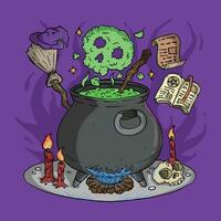 illustration de sorcière équipement pour célébrer Halloween. une sorcière chaudron avec beaucoup de vert poison à l'intérieur. vecteur