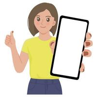 portrait une femme montrer du doigt à le Vide téléphone et geste pouce en haut vecteur illustrationportrait une femme montrer du doigt à le Vide téléphone et geste pouce en haut vecteur illustration