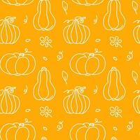 l'automne citrouilles griffonnage sans couture modèle. contour feuilles et citrouilles récolte sur brillant Jaune Contexte. main tiré impression conception pour action de grâces décor, emballage papier, fonds d'écran et cuisine textile vecteur