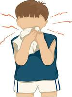 dessin de une garçon permanent en portant une tissu plus de le sien nez. sentiment malade et tousser sont symptômes de une du froid ou bronchite. santé concept vecteur illustration