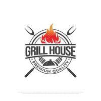 gril maison barbecue rustique logo conception, rétro un barbecue vecteur, barbecue bar et restaurant icône, rouge Feu icône vecteur