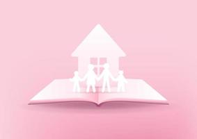 livre ouvert de famille heureuse. maison et papier de famille 3d sur fond rose. concept de famille heureuse.