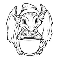 une vecteur de une mignonne dragon dans le chapeau dans noir et blanc coloration, coloration page simbol 2024,