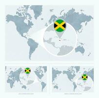 agrandie Jamaïque plus de carte de le monde, 3 versions de le monde carte avec drapeau et carte de Jamaïque. vecteur