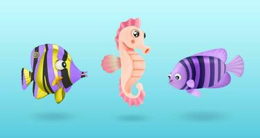 3d rose mer cheval et poisson ensemble dessin animé style. vecteur