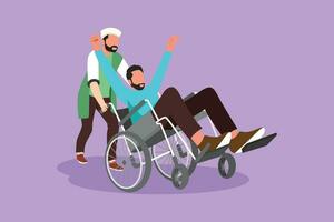 personnage plat dessin Jeune arabe Masculin bénévole aide désactivée vieux homme, équitation sur fauteuil roulant dans parc. famille se soucier, le bénévolat, invalidité se soucier responsabilité. dessin animé conception vecteur illustration