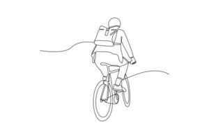 continu un ligne dessin gens équitation vélos sur ville rue concept. griffonnage vecteur illustration.