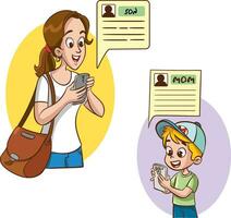 mère et fils avec mobile téléphone. vecteur illustration dans dessin animé style.