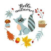 Bonjour l'automne. dessin animé raton laveur, main dessin caractères. carte avec feuilles, l'automne éléments et mignonne forêt animal sur blanc background.design pour cartes, imprimer, affiche. vecteur