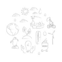 icône de réchauffement climatique définie dans le style de croquis de contour isolé sur fond blanc. icônes d'animaux de l'Arctique, thermomètre, moulin à vent, soleil, recyclage, nourriture écologique, économie d'énergie, cyclisme. illustration vectorielle vecteur