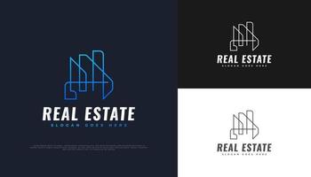 création de logo immobilier abstrait et futuriste en dégradé bleu avec style de ligne vecteur