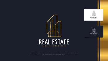 création de logo immobilier minimaliste en or avec concept linéaire. modèle de conception de logo de construction, d'architecture ou de bâtiment vecteur