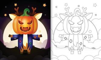 livre de coloriage avec un cerf mignon à l'aide d'un costume d'épouvantail et de citrouille halloween vecteur