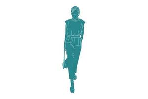 illustration vectorielle d'une femme décontractée marchant sur le trottoir avec son mini sac, style plat avec contour vecteur