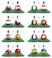 huitièmes de finale du tournoi par équipes championnat d'Europe de football. balle avec le drapeau national du pays sur le terrain de football et le tableau de bord en perspective. fond de carte du monde. vecteur de conception 3D.