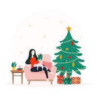 illustration de noël avec femme assise, chat et arbre décoré vecteur