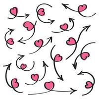 flèches d'amour dessinées à la main avec des coeurs roses sur les flèches ensemble d'illustrations vectorielles de conception de style plat isolé sur fond blanc. vecteur