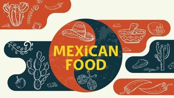 croquis d'illustration pour le signe d'équilibre de conception avec l'inscription chapeau sombrero de nourriture mexicaine maracas de cactus piment fort vecteur