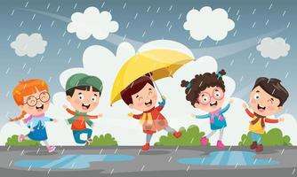 enfants utilisant un parapluie sous la pluie vecteur