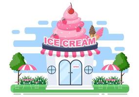 illustration de magasin de crème glacée avec panneau ouvert, arbre et extérieur de magasin de bâtiment. concept de design plat vecteur
