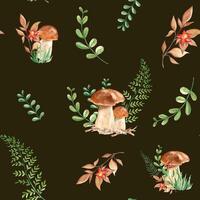 sans couture aquarelle modèle avec cèpes champignons, fougère, vert branches et rouge fleur sur noir Contexte. botanique été main tiré illustration. pouvez être utilisé pour cadeau emballage papier vecteur