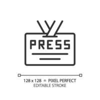 2d pixel parfait modifiable noir presse id carte icône, isolé vecteur, mince ligne illustration représentant journalisme. vecteur