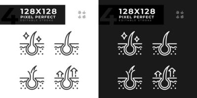 2d pixel parfait foncé et lumière Icônes ensemble représentant soin des cheveux, modifiable mince ligne illustration. vecteur