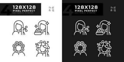 collection de pixel parfait foncé et lumière Icônes ensemble représentant soin des cheveux, modifiable mince ligne illustration. vecteur