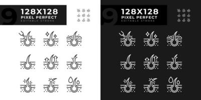 2d pixel parfait foncé et lumière Icônes ensemble représentant soin des cheveux, modifiable mince ligne illustration. vecteur