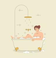 content dodu femme dans une baignoire avec mousse spa vecteur illustration