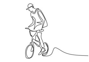 un seul dessin au trait d'un jeune cycliste effectuant un stand de freestyle sur un vélo. concept de sport extrême. conception de dessin en ligne continue pour la compétition de style libre. vecteur