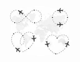 jeu d'icônes d'avion. silhouette d'avion et itinéraire pointillé de la trajectoire de vol. boucle de direction de chemin, forme de coeur, cercle, symbole de l'infini. concept de logo vectoriel. vecteur