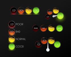 ensemble d'icônes de notation sur fond noir. cercles colorés avec des évaluations de couleur et de qualité à l'intérieur. éléments de conception infographique pour les entreprises. illustration vectorielle. vecteur