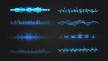 vagues d'égaliseur bleu sur fond noir. ensemble réaliste de sons et d'ondes radio. conception graphique de la voix numérique, illustration vectorielle. vecteur