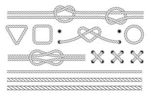 cadres et bordures de corde nautique. corde marine, bordure nautique, cordon, cordelette torsadée. éléments de décoration de vecteur de sport de voile.