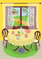 affiche de vecteur dessiné à la main d'été calme maison de village de repos confortable. thé d'été confortable dans une maison de campagne intérieure. théière, tasses et fleur dans un vase sur table. feuillage, gazon et chemin à l'extérieur de la fenêtre