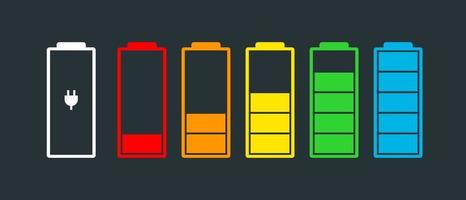 Ensemble d'icônes d'indicateur de charge de la batterie. niveau de charge pleine puissance bas à haut et prise électrique. Gadget eps état de l'énergie alcaline télévision vector illustration