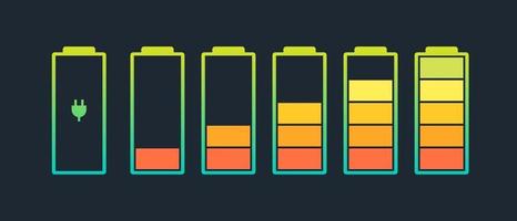 Ensemble d'icônes d'indicateur de charge de la batterie. niveau de charge pleine puissance bas à haut et prise électrique. Gadget eps état de l'énergie alcaline vector illustration