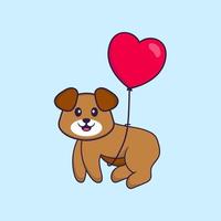 chien mignon volant avec des ballons en forme d'amour. concept de dessin animé animal isolé. peut être utilisé pour un t-shirt, une carte de voeux, une carte d'invitation ou une mascotte. style cartoon plat vecteur