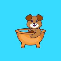 chien mignon prenant un bain dans la baignoire. concept de dessin animé animal isolé. peut être utilisé pour un t-shirt, une carte de voeux, une carte d'invitation ou une mascotte. style cartoon plat vecteur