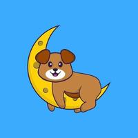 le chien mignon est sur la lune. concept de dessin animé animal isolé. peut être utilisé pour un t-shirt, une carte de voeux, une carte d'invitation ou une mascotte. style cartoon plat vecteur