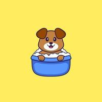 chien mignon prenant un bain dans la baignoire. concept de dessin animé animal isolé. peut être utilisé pour un t-shirt, une carte de voeux, une carte d'invitation ou une mascotte. style cartoon plat vecteur