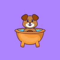 chien mignon prenant un bain dans la baignoire. concept de dessin animé animal isolé. peut être utilisé pour un t-shirt, une carte de voeux, une carte d'invitation ou une mascotte. style cartoon plat vecteur