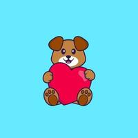 chien mignon tenant un gros coeur rouge. concept de dessin animé animal isolé. peut être utilisé pour un t-shirt, une carte de voeux, une carte d'invitation ou une mascotte. style cartoon plat vecteur