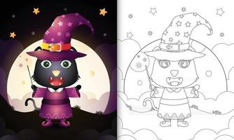 livre de coloriage avec un chat noir mignon utilisant le costume de sorcière halloween vecteur